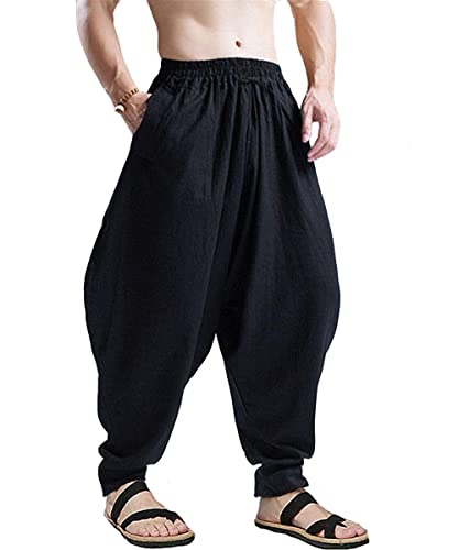 AITFINEISM Männer Haremshose Bequeme Elastische Taille Hosen Mode Einfarbig Casual Yoga Hippies Hosen (Schwarz 2,M) von AITFINEISM