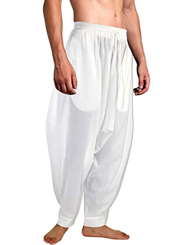 AITFINEISM Männer Haremshose Bequeme Elastische Taille Hosen Mode Einfarbig Casual Yoga Hippies Hosen (Weiß,XL) von AITFINEISM