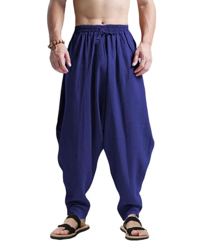 AITFINEISM Männer Haremshose Bequeme Elastische Taille Hosen Mode Einfarbig Casual Yoga Hippies Hosen (Blau 2,XL) von AITFINEISM