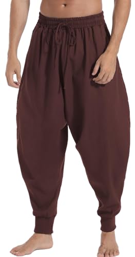 AITFINEISM Männer Haremshose Bequeme Elastische Taille Hosen Mode Einfarbig Casual Yoga Hippies Hosen (Braun 1,4XL) von AITFINEISM