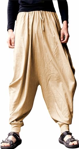 AITFINEISM Männer Haremshose Bequeme Elastische Taille Hosen Mode Einfarbig Casual Yoga Hippies Hosen (Khaki,XL) von AITFINEISM