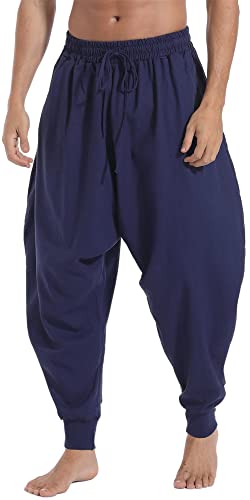 AITFINEISM Männer Haremshose Bequeme Elastische Taille Hosen Mode Einfarbig Casual Yoga Hippies Hosen (Marineblau 1,S) von AITFINEISM