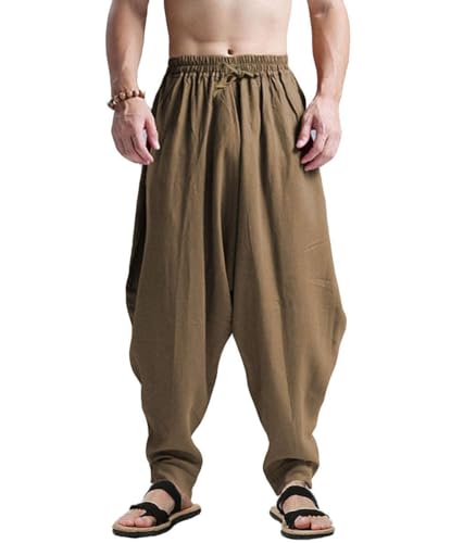 AITFINEISM Männer Haremshose Bequeme Elastische Taille Hosen Mode Einfarbig Casual Yoga Hippies Hosen (Olivgrün 2,M) von AITFINEISM