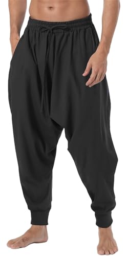 AITFINEISM Männer Haremshose Bequeme Elastische Taille Hosen Mode Einfarbig Casual Yoga Hippies Hosen (Schwarz 1,S) von AITFINEISM