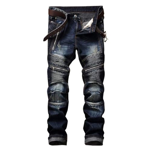 AITITIA Herren-Jeans, Biker-Reißverschluss, Deco, gewaschen, gerade Passform, Dunkelblau, 50 von AITITIA