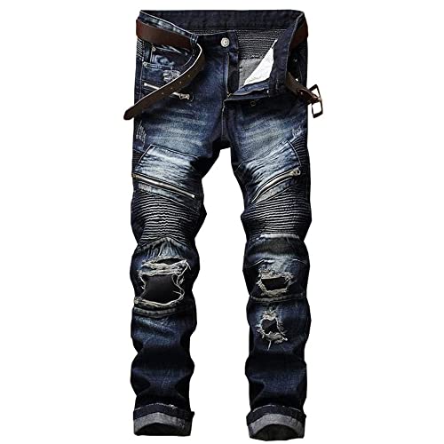 AITITIA Herren Biker Zipper Deco Washed Straight Fit Jeans, 003 Blau Schwarz, 50 von AITITIA