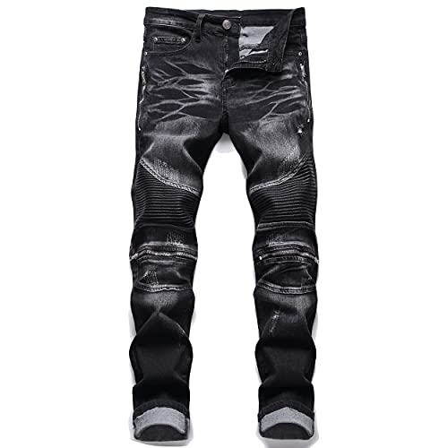 AITITIA Herren Biker Zipper Deco Washed Straight Fit Jeans, 005 black, 48 von AITITIA