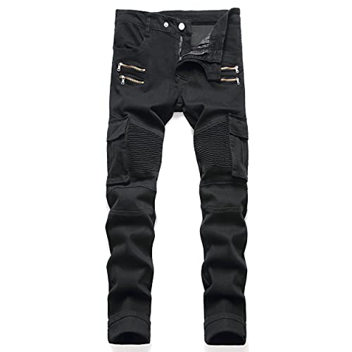 AITITIA Herren Biker Zipper Deco Washed Straight Fit Jeans, 007 Schwarz, 52 von AITITIA