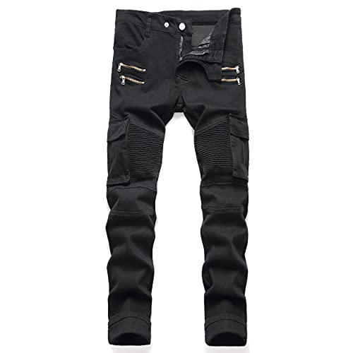 AITITIA Herren Biker Zipper Deco Washed Straight Fit Jeans, 007 Schwarz, 54 von AITITIA