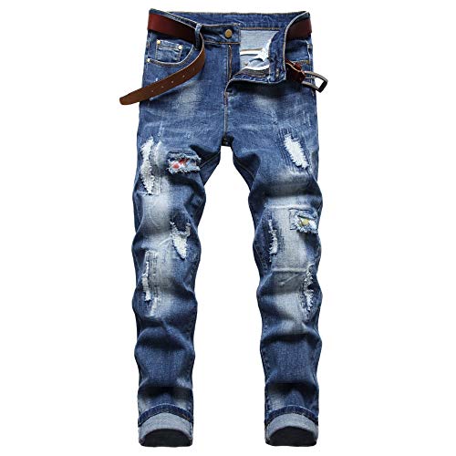 AITITIA Herren Biker Zipper Deco Washed Straight Fit Jeans, 668 Moon Blue, 52 von AITITIA