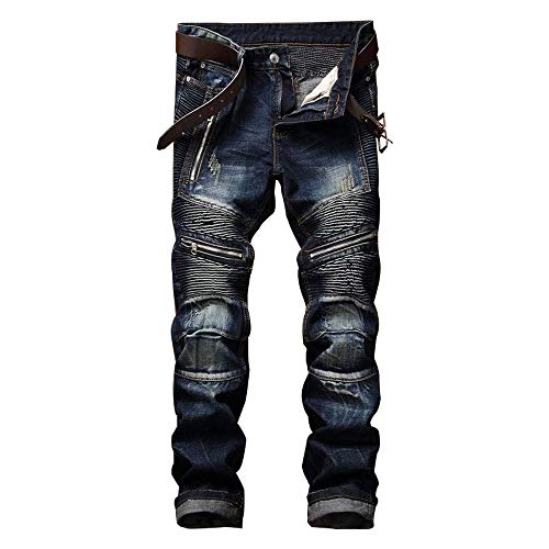 AITITIA Herren Biker Zipper Deco Washed Straight Fit Jeans, Dunkelblau, 52 von AITITIA