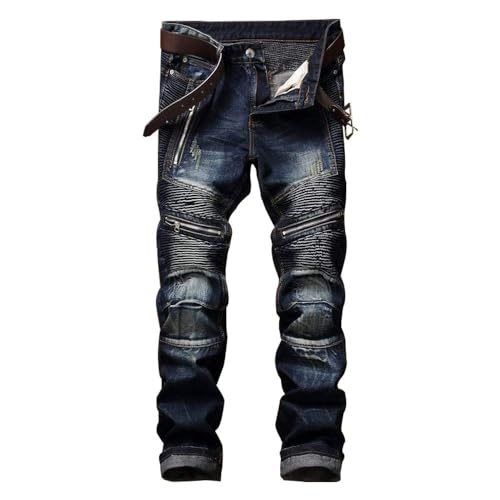 AITITIA Herren Biker Zipper Deco Washed Straight Fit Jeans, Dunkelblau, 54 von AITITIA