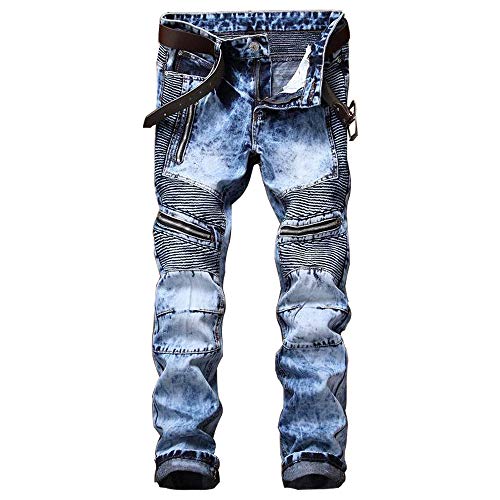 AITITIA Herren Biker Zipper Deco Washed Straight Fit Jeans, Hell, blau, 50 von AITITIA