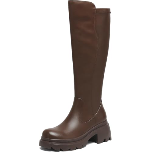 AIUNIID Damen Kniehohe Stiefel Niedriger Absatz Plateau Stollensohle Stiefel Runde Zehen Seitlicher Reißverschluss Hohe Stiefel Bequem Stretch Wadenkleid Lange Stiefel, Braun, 41 EU von AIUNIIND