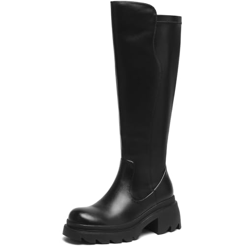 AIUNIID Damen Kniehohe Stiefel Niedriger Absatz Plateau Stollensohle Stiefel Runde Zehen Seitlicher Reißverschluss Hohe Stiefel Bequem Stretch Wadenkleid Lange Stiefel, Schwarz, 40 EU von AIUNIIND