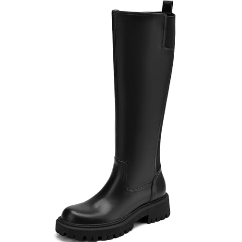 AIUNIIND Damen Kniehohe Stiefel Plateau Stollensohle Stiefel Stretch Runde Zehen Reitstiefel Bequeme Wadenkleid Lange Stiefel, Schwarz, 40.5 EU von AIUNIIND
