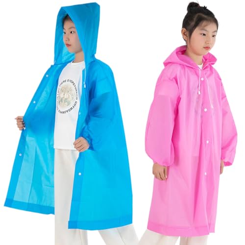 AIUOVEW 2 Stück Kinder Regenmantel mit Kapuze, Unisex Kinder Wasserdicht Wiederverwendbar Eva Regenponcho Kleinkind Regenjacke Verdickt Regencape für Reisen im Freien Klettern Radfahren Wandern von AIUOVEW