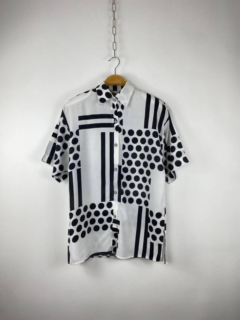 Vintage 80S Blouse Shoulder Pads Polka Dot Points Black White | Size M/L von AIVILANE