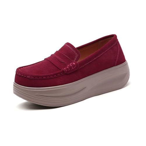AIVYFAJA Damen Wildleder Plateau Wedge Loafers Mokassin Toe Komfort Casual Slip-on Loafer Schuhe Toning Rocker rutschfeste Walkingschuhe mit Fußgewölbeunterstützung, claret, 39 EU von AIVYFAJA