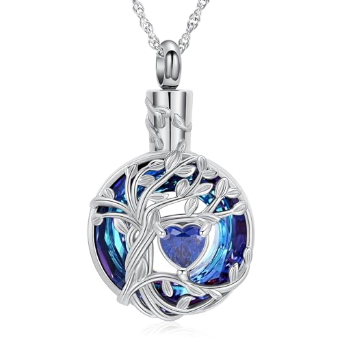 AIWENXI Baum des Lebens Urne Halsketten für Asche Mini Herz Geburtsstein Kremation Denkmal Asche Kleine Urne Anhänger für Männer Frauen Edelstahl Asche Erinnerungen Halsketten von AIWENXI
