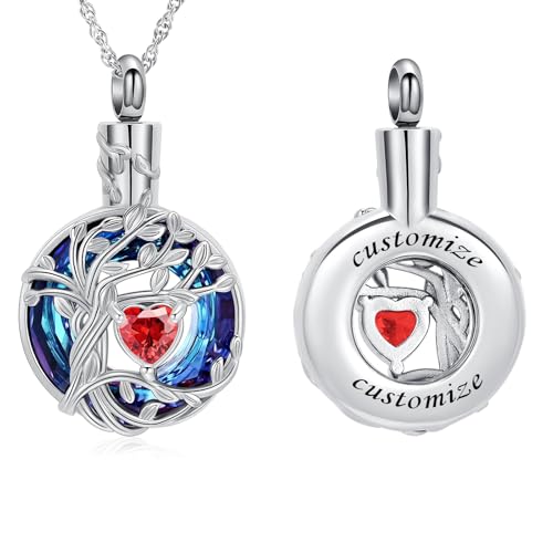 AIWENXI Baum des Lebens Urne Halsketten für Asche Mini Herz Geburtsstein Kremation Denkmal Asche Kleine Urne Anhänger für Männer Frauen Edelstahl Asche Erinnerungen Halsketten von AIWENXI