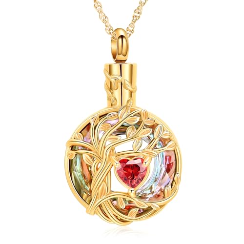 AIWENXI Baum des Lebens Urne Halsketten für Asche Mini Herz Geburtsstein Kremation Denkmal Asche Kleine Urne Anhänger für Männer Frauen Edelstahl Asche Erinnerungen Halsketten von AIWENXI