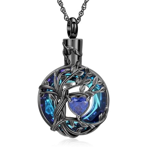 AIWENXI Baum des Lebens Urne Halsketten für Asche Mini Herz Geburtsstein Kremation Denkmal Asche Kleine Urne Anhänger für Männer Frauen Edelstahl Asche Erinnerungen Halsketten von AIWENXI