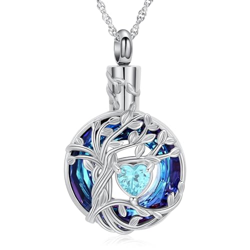 AIWENXI Baum des Lebens Urne Halsketten für Asche Mini Herz Geburtsstein Kremation Denkmal Asche Kleine Urne Anhänger für Männer Frauen Edelstahl Asche Erinnerungen Halsketten von AIWENXI