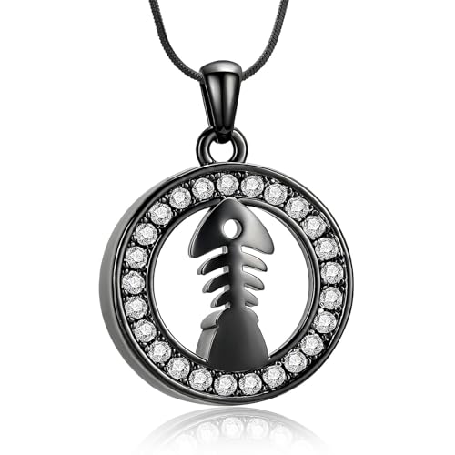 AIWENXI Fishbone Form Urne Halsketten für Asche Kristallkreis Kremation Schmuck Edelstahl Erinnerungen Gedenkstätte Asche Anhänger Schmuck für Männer Frauen von AIWENXI
