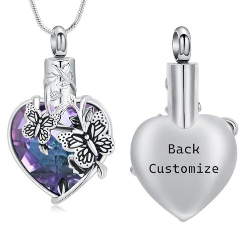 AIWENXI Herz Geburtsstein Urne Halsketten für Asche Schmetterling Kremation Denkmal Asche Anhänger für Männer Frauen Edelstahl Haustier Erinnerungen Halsketten Schmuck von AIWENXI