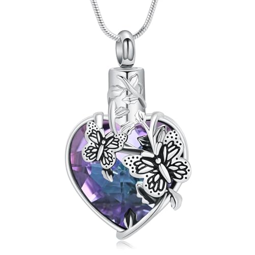 AIWENXI Herz Geburtsstein Urne Halsketten für Asche Schmetterling Kremation Denkmal Asche Anhänger für Männer Frauen Edelstahl Haustier Erinnerungen Halsketten Schmuck von AIWENXI