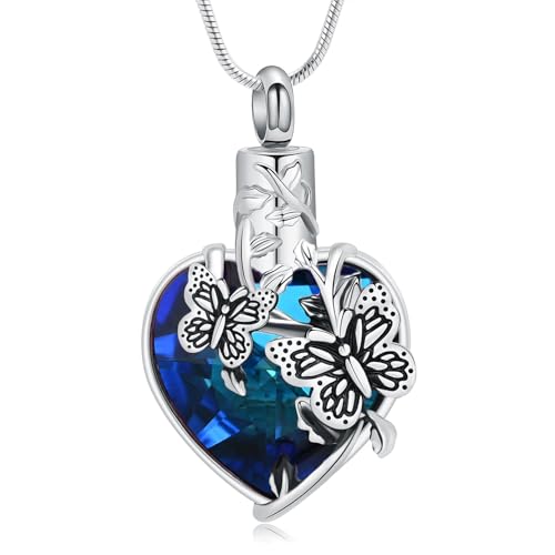 AIWENXI Herz Geburtsstein Urne Halsketten für Asche Schmetterling Kremation Denkmal Asche Anhänger für Männer Frauen Edelstahl Haustier Erinnerungen Halsketten Schmuck von AIWENXI