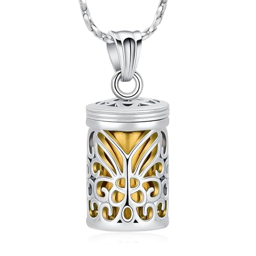 AIWENXI Hohlschmetterling Halskette Mit Aschefach Zylindrisch Erinnerungsschmuck Aus Edelstahl Traueranhänger Für Frauen Männer von AIWENXI