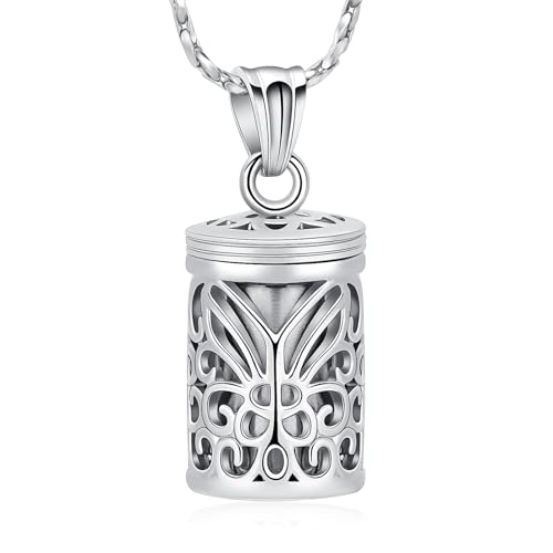 AIWENXI Hohlschmetterling Halskette Mit Aschefach Zylindrisch Erinnerungsschmuck Aus Edelstahl Traueranhänger Für Frauen Männer von AIWENXI