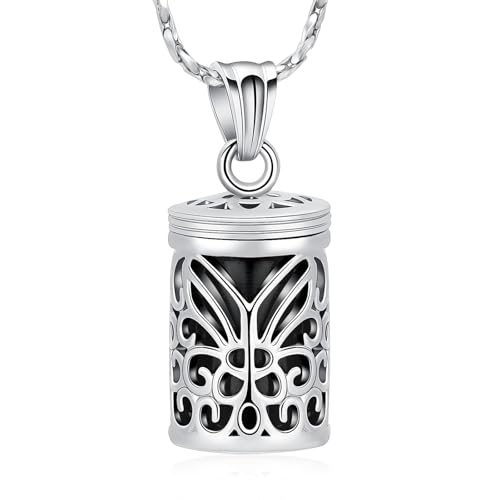 AIWENXI Hohlschmetterling Halskette Mit Aschefach Zylindrisch Erinnerungsschmuck Aus Edelstahl Traueranhänger Für Frauen Männer von AIWENXI