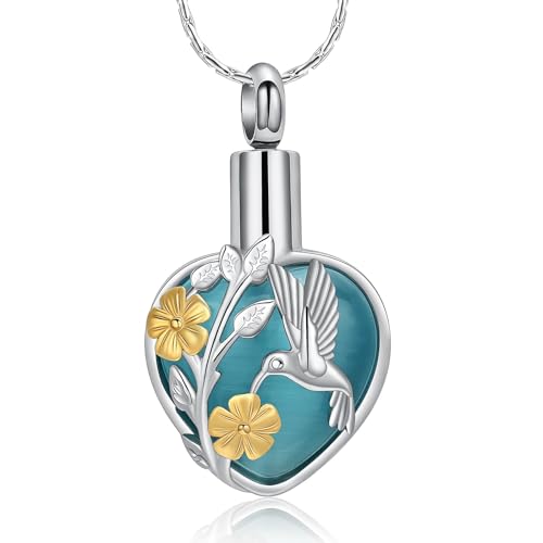 AIWENXI Kolibri Herz Kremation Schmuck für Asche Mondstein Urne Halsketten für Männer Frauen Edelstahl Gedenk Asche Anhänger Haustier Erinnerungen Schmuck von von AIWENXI