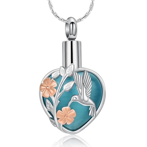 AIWENXI Kolibri Herz Kremation Schmuck für Asche Mondstein Urne Halsketten für Männer Frauen Edelstahl Gedenk Asche Anhänger Haustier Erinnerungen Schmuck von von AIWENXI