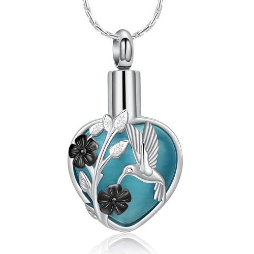 AIWENXI Kolibri Herz Kremation Schmuck für Asche Mondstein Urne Halsketten für Männer Frauen Edelstahl Gedenk Asche Anhänger Haustier Erinnerungen Schmuck von von AIWENXI