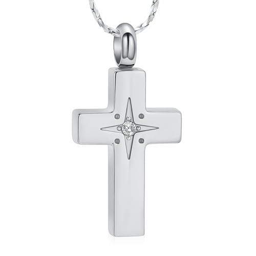 AIWENXI Kreuz Urne Halskette für Asche Kristall Stern Gedenkschmuck Edelstahl Kremation Anhänger Erinnerung für Männer Frauen von AIWENXI