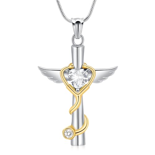 AIWENXI Kreuzkremation Schmuck für Asche Flügel Urne Halsketten für Frauen Stethoskop Form Asche Gedenkketten Anhänger Edelstahl menschliche Erinnerungen Halskette von AIWENXI
