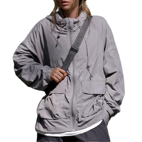 AIWUFLY Leichte wasserdichte Damen-Regenjacke, Reißverschluss, Sonnenschutz, winddicht, mit Kapuze, Sportjacke mit Taschen, GRAU, M von AIWUFLY