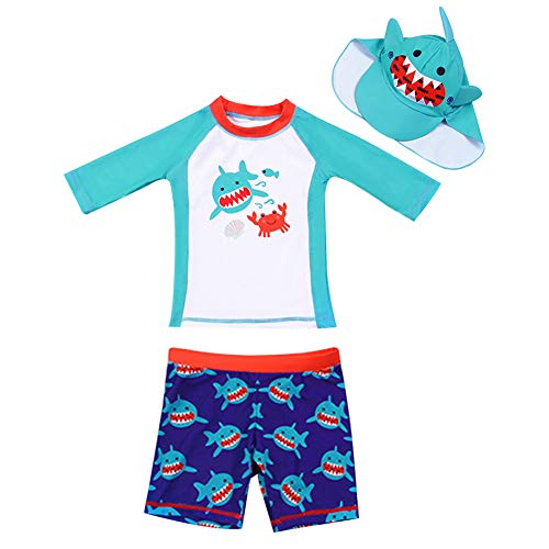 AIWUHE Baby Junge Zwei Stück Cartoon Badeanzug Schwimmbekleidung mit Hut Sonnenschutz Schwimmanzug Bade-Set, Blau, 90 von AIWUHE