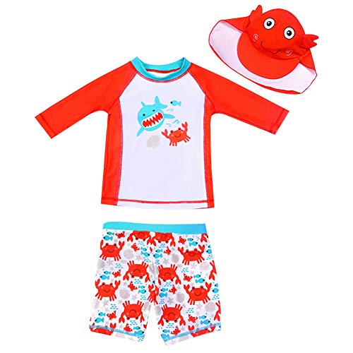 AIWUHE Baby Junge Zwei Stück Cartoon Badeanzug Schwimmbekleidung mit Hut Sonnenschutz Schwimmanzug Bade-Set, Orange, 110 von AIWUHE