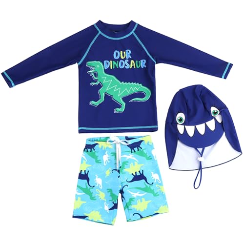 AIWUHE Jungen Badeanzug Zweiteiliger Swimsuit Trunk and Rashguard Set Schwimmshirt Uv-Schutz Dinosaurier Bade-Set mit Hut Grüner Dinosaurier 100 von AIWUHE