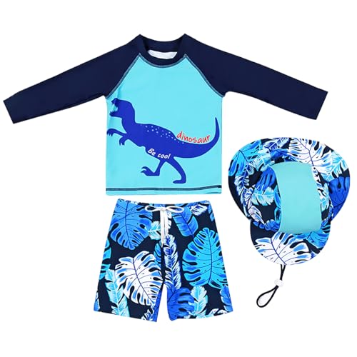 AIWUHE Jungen Kinder Badeanzug Dinosaurier 2er Set Rashguard Langärmliges Top+Badeshorts Uv-Schutz Schwimmanzug mit Hut Bananenblattdrache 100 von AIWUHE