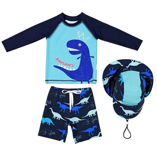 AIWUHE Jungen Kinder Badeanzug Dinosaurier 2er Set Rashguard Langärmliges Top+Badeshorts Uv-Schutz Schwimmanzug mit Hut Blauer Dinosaurier 100 von AIWUHE