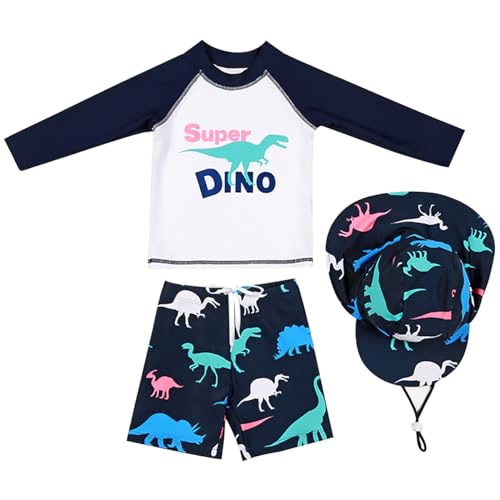 AIWUHE Jungen Kinder Badeanzug Dinosaurier 2er Set Rashguard Langärmliges Top+Badeshorts Uv-Schutz Schwimmanzug mit Hut Weißer Dinosaurier 130 von AIWUHE