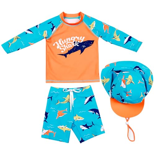 AIWUHE Schwimmshirt Kinder Uv-Schutz Bade-Set zweiteilig Schwimmshirt Badehose Langarm Haifisch-Muster T-Shirt mit Badekappe Orangenhai 130 von AIWUHE