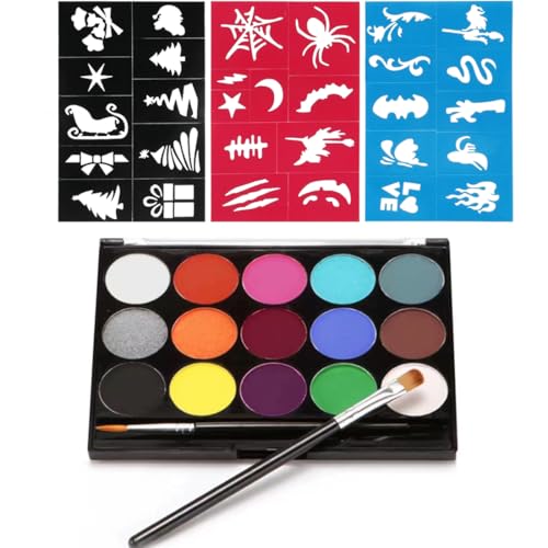 Gesichtsfarbe Kinderschminken Set, 6 Stück, Face Paint Body Paint für Kinder und Erwachsene, 15 Farben Schminkfarben Schminkpalette, Waschbar Face Paint Bodypaint Schminkset, mit 2 Pinsel, 3 Vorlagen von AIXYEA
