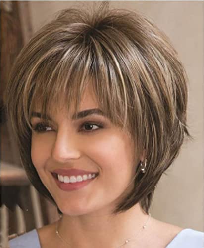 AIYLMZ Kurze, lockige, geschichtete, Pixie-Schnitt-Synthetik-Perücke mit Perückenkappe für Frauen (Braun gemischtes Blond) von AIYLMZ